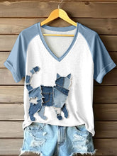 T-shirt mignon chat patchwork art v-cou des femmes
